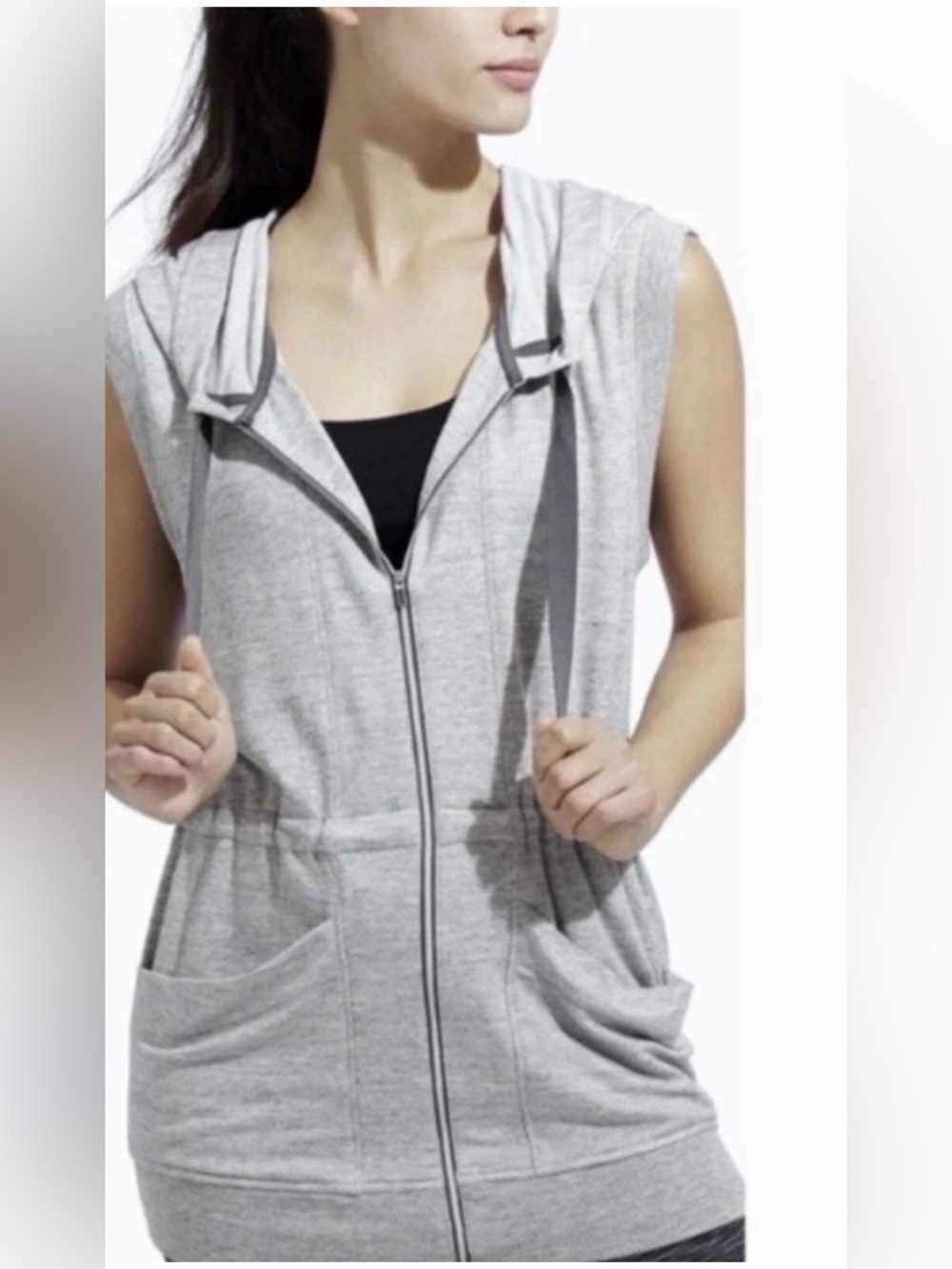 Athleta Women’s Lotus Gray Sleeveless Hooded Soft Modal Zip Vest XL